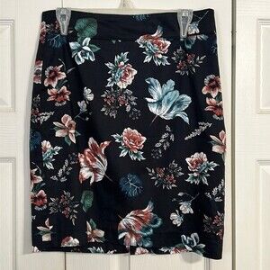 ANN TAYLOR LOFT Size 4 Black Peach Green Floral Pencil Mini Skirt Lined Cotton